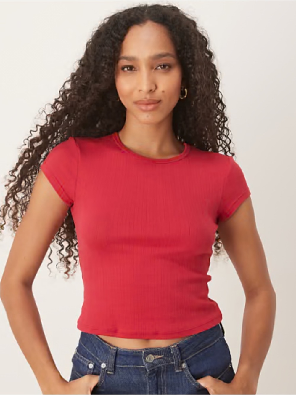 Free People ❤️ Intimates Classic Ribbed Pointelle Red Crewneck T-shirt crop NWT